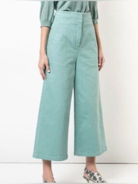 Tibi Demi Wide Leg Cropped Pants Garment-Dyed Twill in Blue-Green Aqua Sz 2